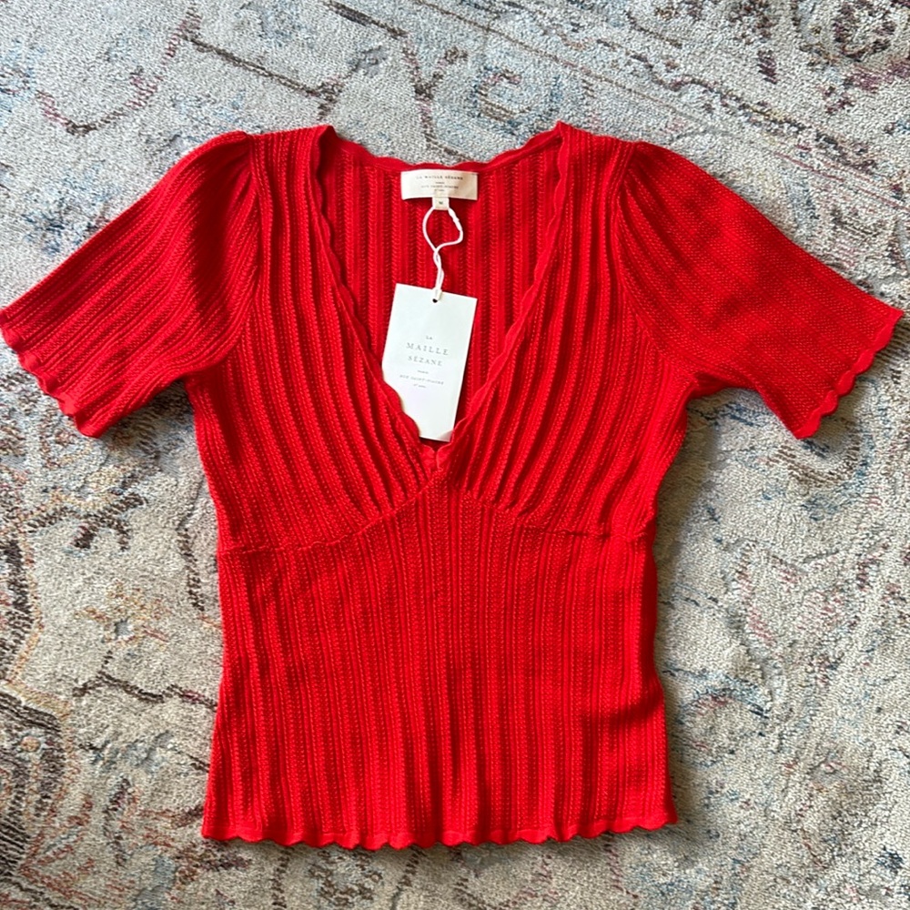 NWT Sezane short sleeve knit top red